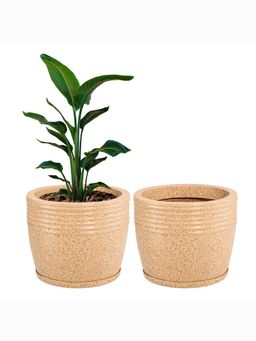 Kuber Industries - Roto Mould Flower Pot with Bottom Tray Sunshine - Sand (Pack of 2)