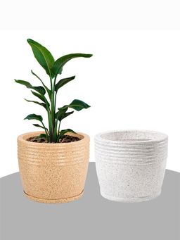 Kuber Industries - Roto Mould Flower Pot with Tray Sunshine - Sand & White (Pack of 2)