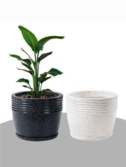 Kuber Industries - Roto Mould Flower Pot with Tray Sunshine - White & Black (Pack of 2)