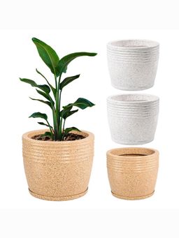 Kuber Industries - Roto Mould Flower Pot with Tray Sunshine - Sand & White (Pack of 4)