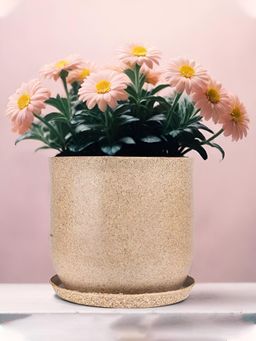 Kuber Industries - Lightweight Polymer Flower Pot with Plate Marble Jaguar - Sand