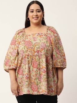 theRebelinme - Womens Green Floral Printed Cotton Top