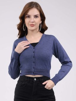 Monte Carlo - Womens V-Neck Full Sleeve Cropped Cardigan - Navy Blue