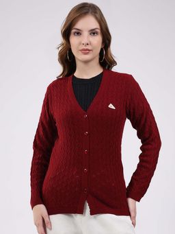 Monte Carlo - Womens V-Neck Full Sleeve Cardigan - Maroon