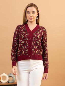 TWENTY ME - Women Maroon Color V-Neck with Full Sleeves Cardigans