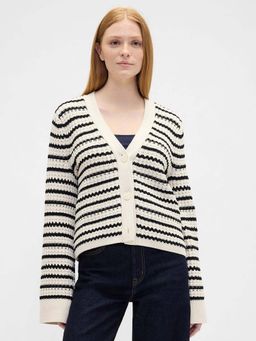 GAP - Womens Striped V-Neck Classic Cardigan - Cream