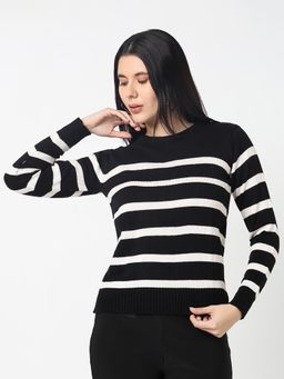 R&B - Women Acrylic Regular Fit Round Neck Striped Sweatshirt - Black