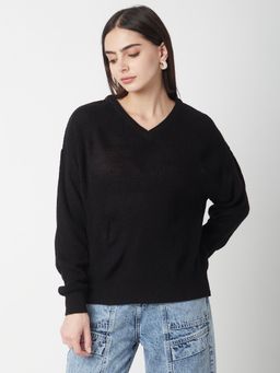 R&B - Women Acrylic Regular Fit V-Neck Solid Sweatshirt - Black