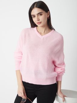 R&B - Women Acrylic Regular Fit V-Neck Solid Sweatshirt - Pink