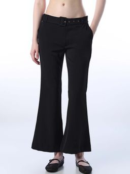 ONLY - Womens Solid Flared High-Rise Black Trouser with Belt