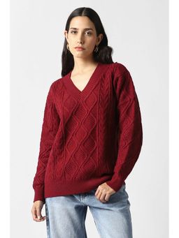 Van Heusen - Women Maroon Textured V-Neck Sweater