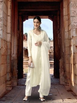 ADA - Hand Embroidered Lucknowi Chikankari White Pure Cotton Unstitched Dress Material [A211202]