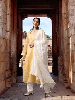 ADA - Hand Embroidered Lucknowi Chikankari White & Yellow Cotton Unstitched Dress Material [A211205]