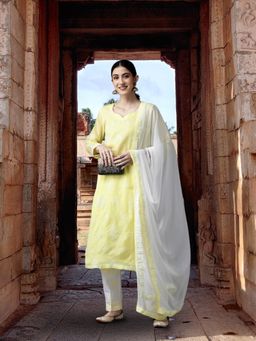 ADA - Hand Embroidered Lucknowi Chikankari Yellow & White Cotton Unstitched Dress Material [A211209]