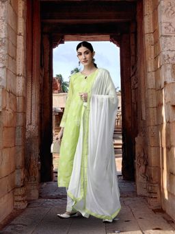 ADA - Hand Embroidered Lucknowi Chikankari Green & White Cotton Unstitched Dress Material [A211201]
