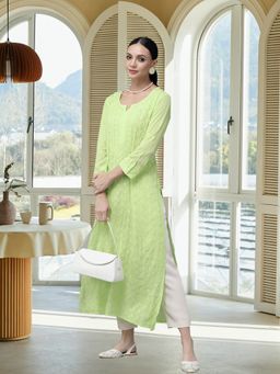 ADA - Hand Embroidered Green Viscose Georgette Lucknowi Chikan Kurta