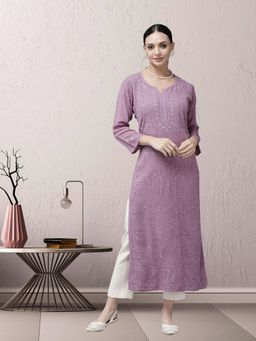 ADA - Hand Embroidered Mauve Viscose Georgette Lucknowi Chikan Kurta