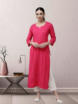 ADA - Hand Embroidered Magenta Viscose Georgette Lucknowi Chikan Kurta