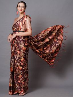 Odette - Brown Festive Dole Silk Printed Saree with Unstitched Blouse