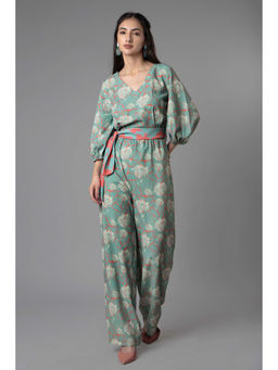 NEOFAA - Floral Front Knot Jumpsuit With Tie Belt
