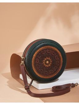 Fabindia - Green and Brown Round Shaped Sling Bag (S)
