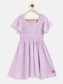 Tales & Stories - Girls Purple Cotton Regular Fit Striped Dress