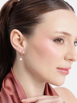 Carlton London - 18Kt Rose Gold Plated Dangling Pearl Half Hoop Earrings