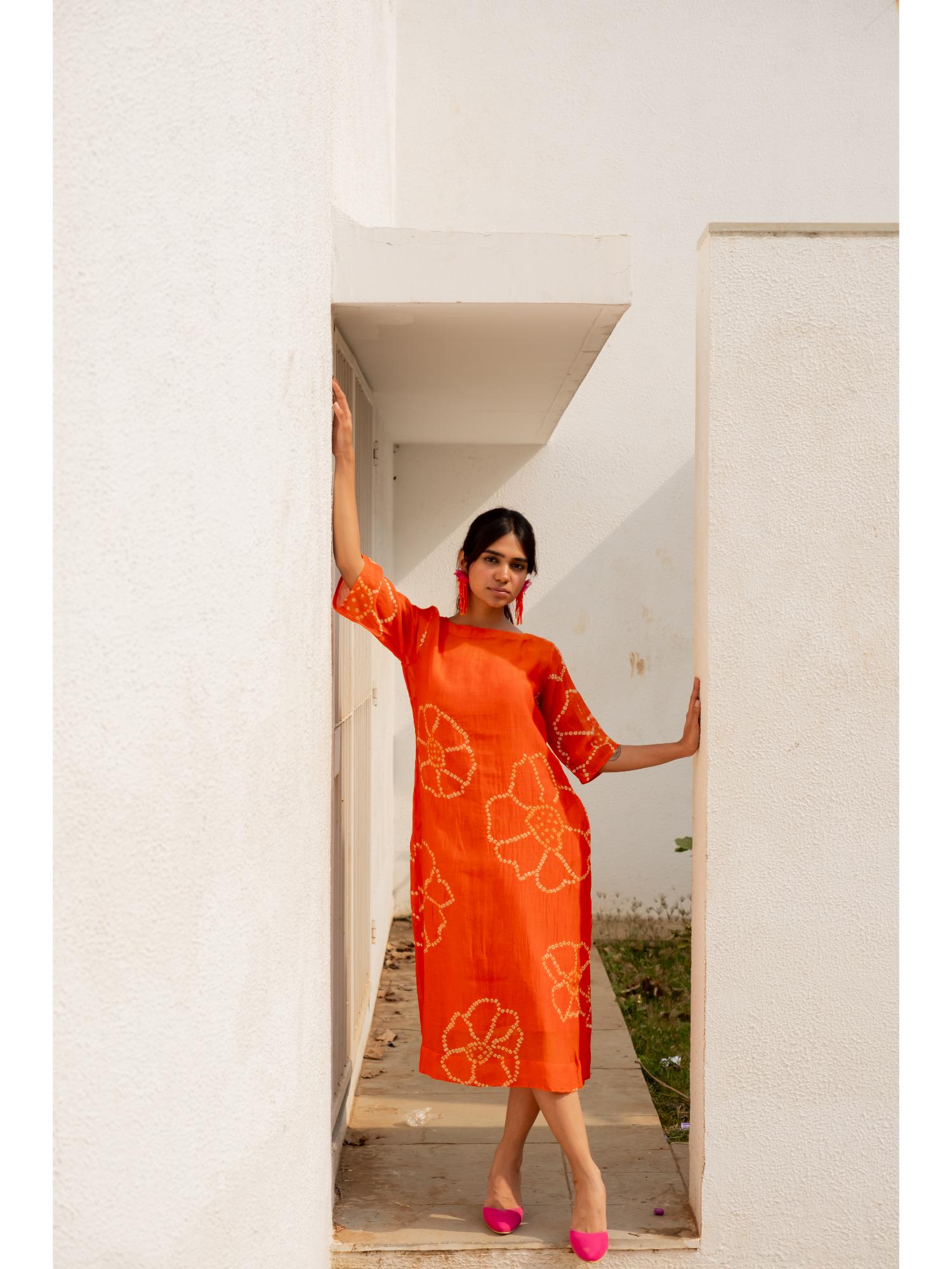 silai studio Burnt Orange Bandhani Dress with Slip (Set of 2)-picture-24