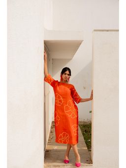 Silai Studio - Burnt Orange Bandhani Dress with Slip (Set of 2)