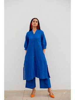 Silai Studio - Sapphire Linen Button Down Kurta with Palazzo (Set of 2)