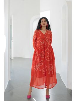 Silai Studio - Fiery Orange Bandhani Dress with Inner (Set of 2)