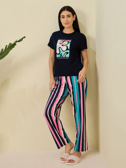 Sweet Dreams - Women Navy Blue Printed Top and Pyjama (Set of 2)