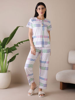 Sweet Dreams - Women White Striped Top and Pyjama (Set of 2)