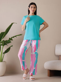 Sweet Dreams - Women Blue Solid Top and Printed Pyjama (Set of 2)