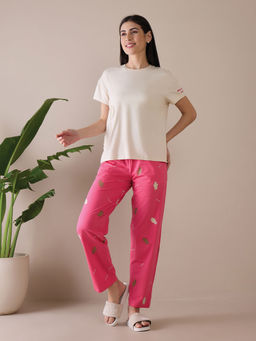 Sweet Dreams - Women Beige Solid Top and Printed Pyjama (Set of 2)