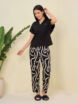 Sweet Dreams - Women Black Solid Top and Printed Pyjama (Set of 2)