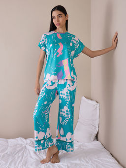 Sweet Dreams - Women Aqua Printed Top and Pyjama (Set of 2)