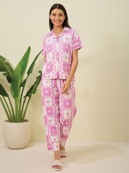 Sweet Dreams - Women Pink Floral Printed Shirt and Pyjama (Set of 2)