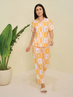 Sweet Dreams - Women Yellow Floral Printed Shirt and Pyjama (Set of 2)