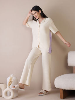 Sweet Dreams - Women Cream Stripes Shirt with Pyjama (Set of 2)