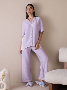 Sweet Dreams - Women Lavender Stripes Shirt with Pyjama (Set of 2)