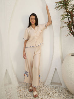 Sweet Dreams - Women Beige Embroidered Shirt and Pyjama (Set of 2)