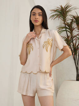 Sweet Dreams - Women Beige Embroidered Shirt and Shorts (Set of 2)