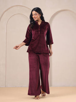 SAY - Maroon Velvet Solid Top and Pyjamas (Set of 2)
