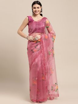 Vastranand - Pink Hand Printed Floral Party Wear Saree with Unstitched Blouse