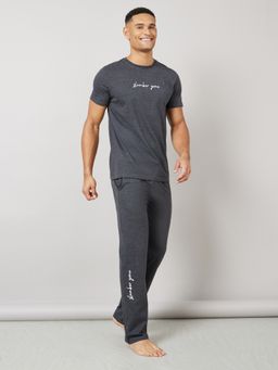 Styli - Charcoal Cotton Blend Solid T-Shirt with Pant