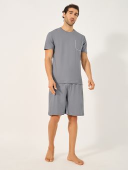 Styli - Grey Cotton Blend Solid T-Shirt with Shorts