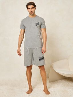 Styli - Grey Cotton Blend Graphic T-Shirt with Shorts