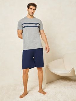Styli - Grey Cotton Blend Stripes T-Shirt with Shorts