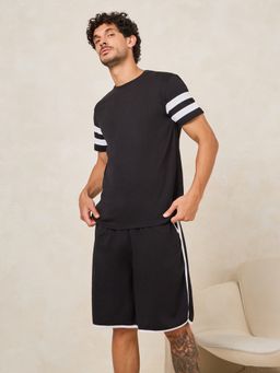 Styli - Black Cotton Blend Stripes T-Shirt with Shorts